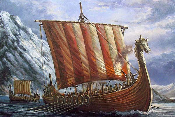 Illustration d'un drakkar avec des vikings qui rament